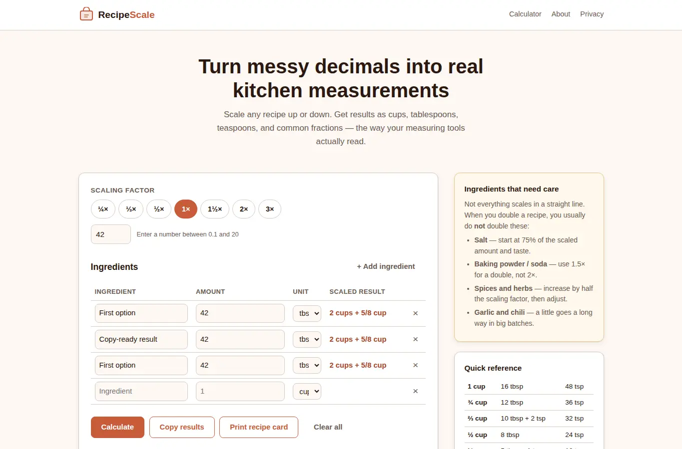 Screenshot of Recipe Scaling Frac Calculator interface showing the project page in use